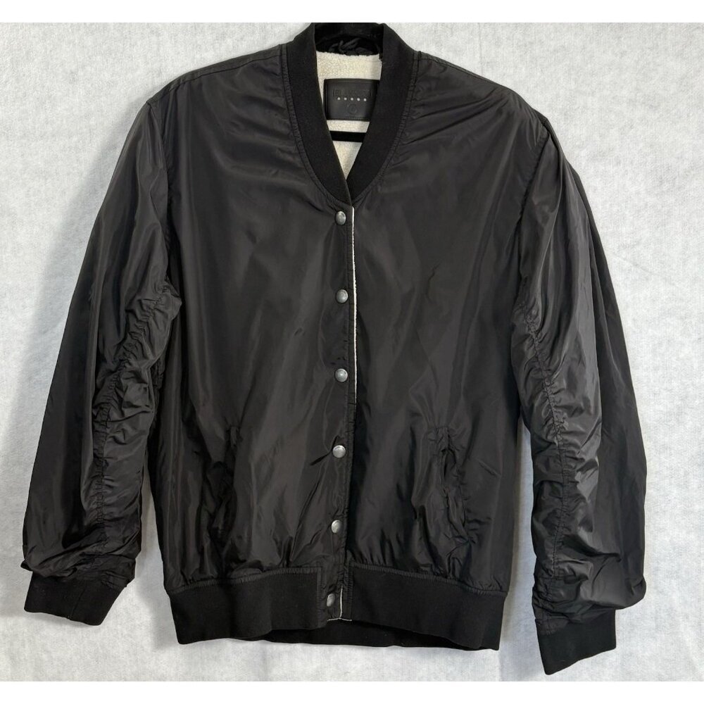 BLANK NYC Women Fleece Snap Front Bomber Windbreaker Jacket Sz S Black Edgy